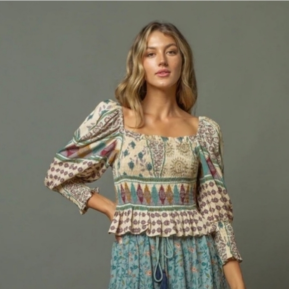 Z&L Europe Sz S Isis Smocked Peplum Multi-color Patchwork Top Milkmaid Babydoll - Picture 1 of 12